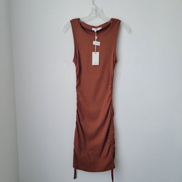 NWT GOOD AMERICAN Ruched Tank Mini Ribbed Dress Tortoise Size 2 - Picture 3 of 11